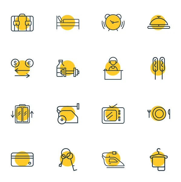Ilustración vectorial de 16 iconos de vacaciones estilo de línea. Conjunto editable de llaves, plancha, ascensor y otros elementos del icono . — Archivo Imágenes Vectoriales