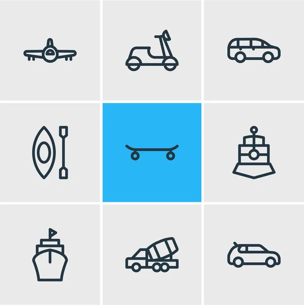 Vectorillustratie van 9 voertuig pictogrammen lijnstijl. Schip, compacte auto, trein en andere elementen van het pictogram bewerkbaar set. — Stockvector