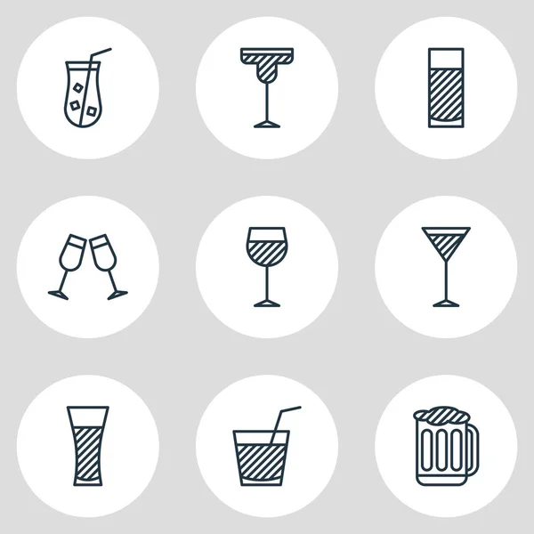 Illustration vectorielle de 9 boissons icônes style ligne. Ensemble modifiable de bière, soda, martini et autres éléments d'icône . — Image vectorielle