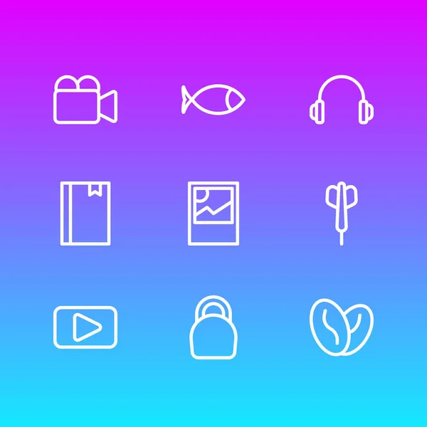 Ilustração de 9 ícones de hobby estilo de linha. Conjunto editável de dardo, fitness, peixe e outros elementos de ícone . — Fotografia de Stock