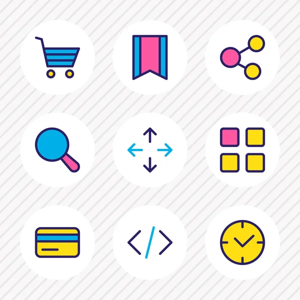 Illustration de 9 icônes annexe ligne colorée. Ensemble modifiable de panier d'achat, social, carte de crédit et autres éléments d'icône . — Photo