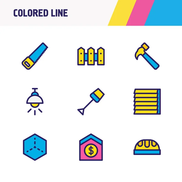 Ілюстрація 9 будівельних значків кольорової лінії. Підходящий набір лопатей, молотка, віконного сайдингу та інших елементів піктограми . — стокове фото