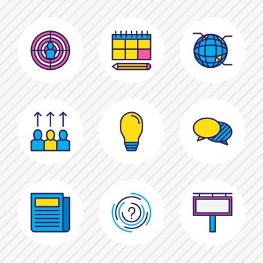 9 pazarlama simgeler vektör çizim satırı renkli. Çözüm, küre, hedef kitle ve diğer simge öğeleri düzenlenebilir kümesi.