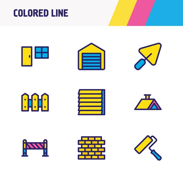 Ilustración vectorial de 9 iconos de construcción de línea de color. Conjunto editable de techo, barrera, valla y otros elementos del icono . — Archivo Imágenes Vectoriales