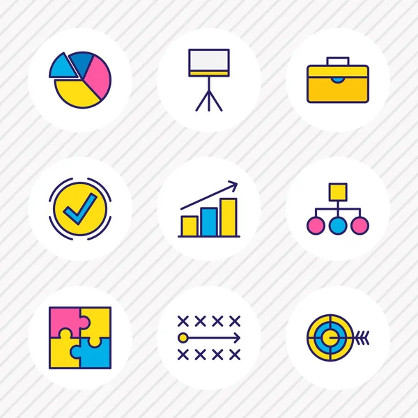 illustration of 9 trade icons colored line. Editable set of chart, briefcase, pie chart and other icon elements.