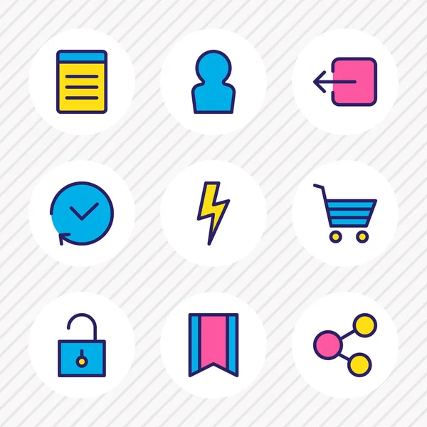 illustration of 9 app icons colored line. Editable set of history, list, bookmark and other icon elements.