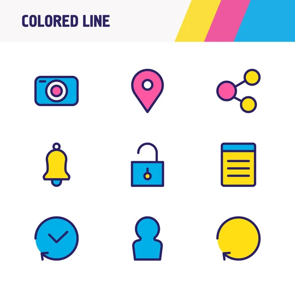 illustration of 9 app icons colored line. Editable set of list, location, unlock and other icon elements.