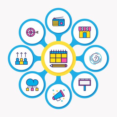 Vektör çizim simgeler renkli çizgi reklam 9. Planlama, radyo, amaç ve diğer simge öğeleri düzenlenebilir kümesi.