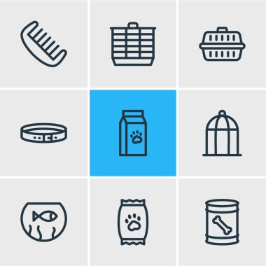 9 evde beslenen hayvan simgeler çizgi stili vektör Illustration. Hamster kafes, köpek maması, köpek maması ve diğer simge öğeleri düzenlenebilir kümesi.