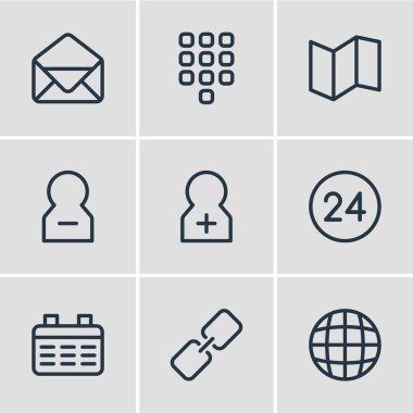 9 kişi simgeler çizgi stili vektör Illustration. Küre, harita, zarf ve diğer simge öğeleri düzenlenebilir kümesi.