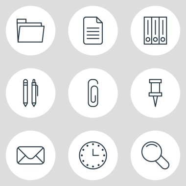 9 araçları simgeler çizgi stili vektör Illustration. Saat, dosya, Büyüteç'i ve diğer simge öğeleri düzenlenebilir kümesi.