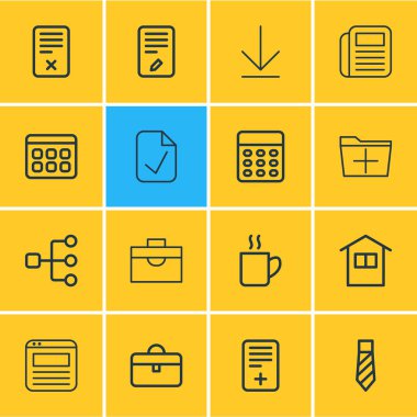16 çalışma alanı simgeleri çizgi stili vektör Illustration. Düzenlenebilir dizi indir, tarayıcı sekmesinde, hesap makinesi ve diğer simge öğeleri.