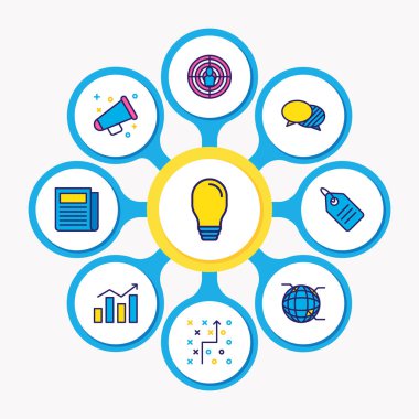 9 pazarlama simgeler vektör çizim satırı renkli. Gazete, strateji, fikir ve diğer simge öğeleri düzenlenebilir kümesi.