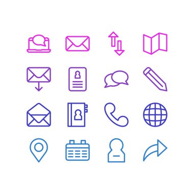 Vektör çizim 16 simgeler çizgi stili bağlayın. İleti, yazışma, kalem ve diğer simge öğeleri düzenlenebilir kümesi.