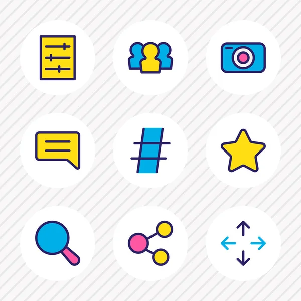 Ilustración vectorial de 9 iconos de aplicaciones de línea de color. Conjunto editable de elementos sociales, de usuario, de configuración y de otros iconos . — Vector de stock