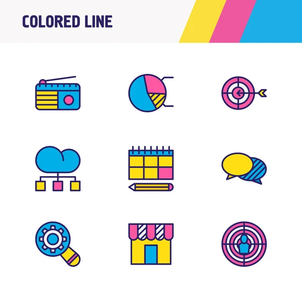 Ilustración vectorial de 9 iconos publicitarios de línea de colores. Conjunto editable de objetivo, tienda, investigación y otros elementos del icono . — Archivo Imágenes Vectoriales