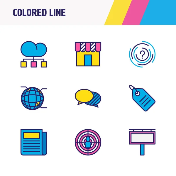 illustration of 9 marketing icons colored line. Editable set of globe, newspaper, structure and other icon elements.