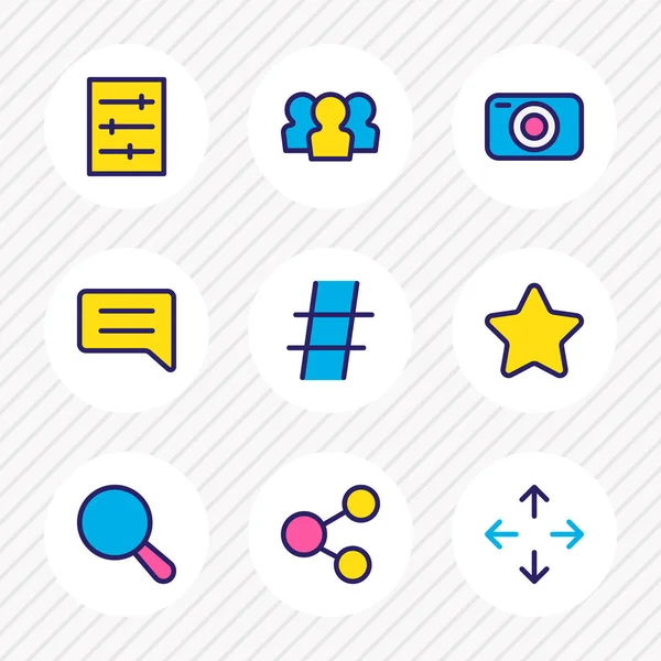 illustration of 9 application icons colored line. Editable set of social, user, setting and other icon elements.