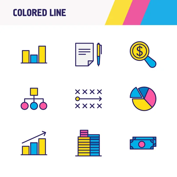 illustration of 9 trade icons colored line. Editable set of money, chart, strategy and other icon elements.