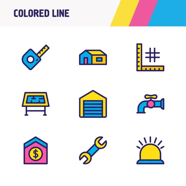 Illustrazione di 9 icone di architettura linea colorata. Set modificabile di garage, gru ad acqua, casa e altri elementi icona . — Foto Stock