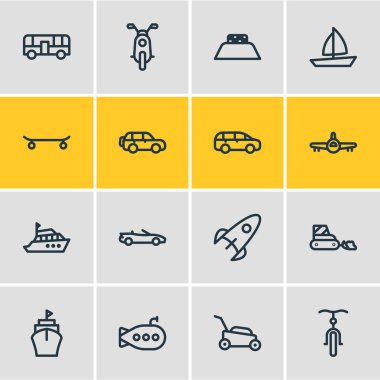 16 geçiş simgeleri çizgi stili vektör Illustration. Çim biçme makinesi, lüks araba, uçak ve diğer simge öğeleri düzenlenebilir kümesi.