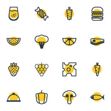 16 yemek simgeler çizgi stili vektör Illustration. Limon dilimi, kebap, hamburger ve diğer simge öğeleri düzenlenebilir kümesi.