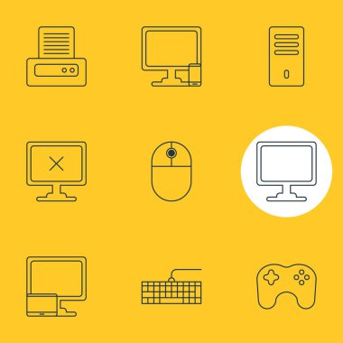 9 bilgisayar simgeleri çizgi stili vektör Illustration. Oyun kumandası, yazıcı çıktısı, giriş düğmeleri ve diğer simge öğeleri düzenlenebilir kümesi.