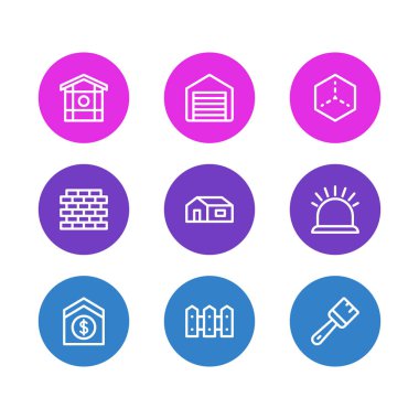 9 sanayi simgeleri çizgi stili vektör Illustration. Ev düzenlenebilir kümesi 3d, garaj, ev ve diğer simge öğeleri.