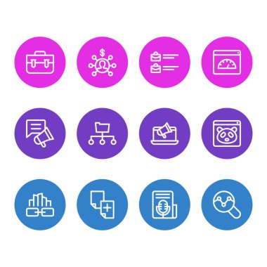 12 reklam simgeler çizgi stili vektör Illustration. Bağlantı kurma, işleri açık, düzenlenebilir kümesi trafiğini analiz ve diğer simge öğeleri.