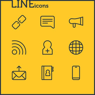 9 vektör çizim simgeler çizgi stili bağlayın. Wifi, bağlantı, harf ve diğer simge öğeleri düzenlenebilir kümesi.