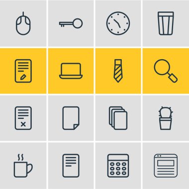 16 office simgeleri çizgi stili vektör Illustration. Arama, veri, bilgisayar fare ve diğer simge öğeleri düzenlenebilir kümesi.