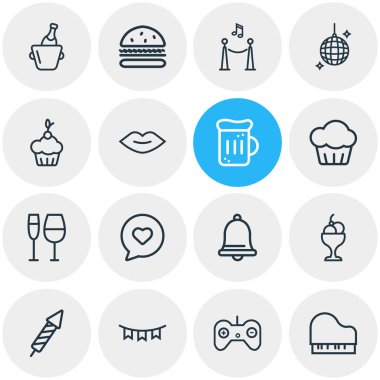 16 kutlama simgeler çizgi stili vektör Illustration. Düzenlenebilir dizi kağıt garland, bira bardağı, oyun kumandası simgesi öğeleri.