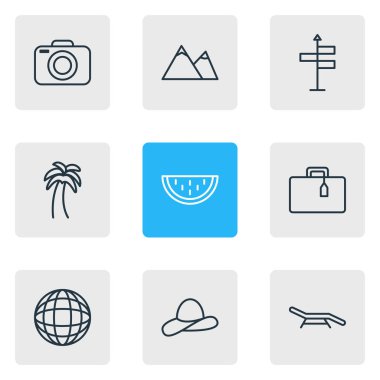 9 yaz simgeler çizgi stili vektör Illustration. Küre, şapka, karpuz ve diğer simge öğeleri düzenlenebilir kümesi.