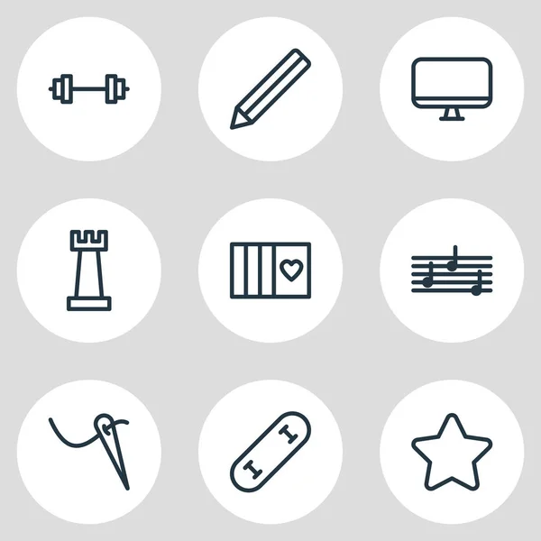 Ilustración vectorial de 9 iconos de estilo de vida estilo de línea. Conjunto editable de melodía, barra, grafito y otros elementos del icono . — Archivo Imágenes Vectoriales