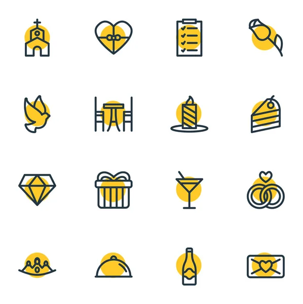 Illustrazione vettoriale di 16 eventi icone stile linea. Set modificabile di elementi corona, posta, champagne e altre icone . — Vettoriale Stock