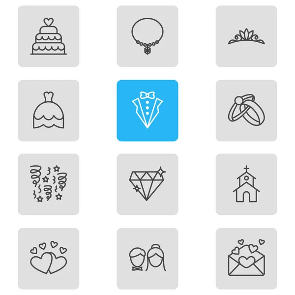 Vektor Illustration von 12 Verlobungssymbolen Zeilenstil. editierbares Set aus Hochzeitstorte, Kirche, Einladung und anderen Symbolelementen. — Stockvektor