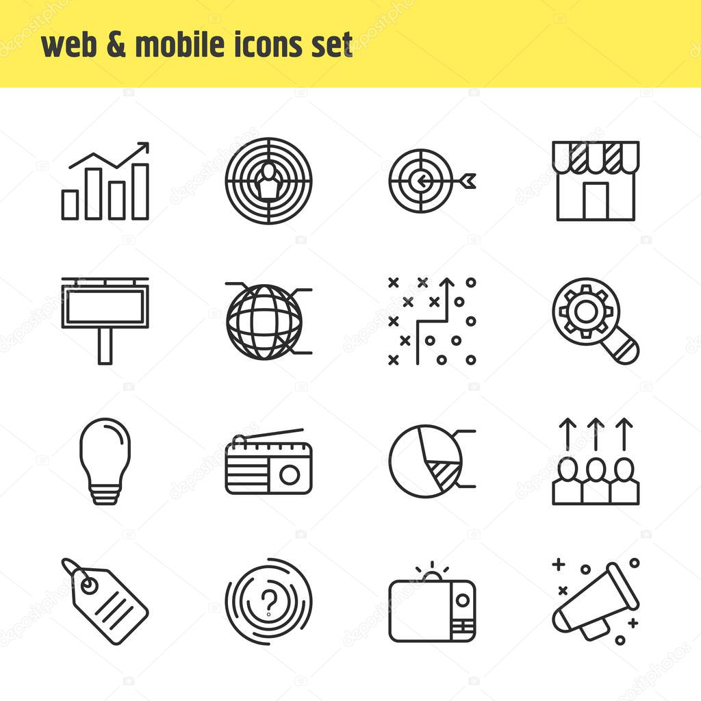 Vector illustration of 16 advertising icons line style. Editable set of advertising, strategy, target audience and other icon elements.