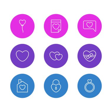 9 tutku simgeler çizgi stili Illustration. Tarihi, yüzük, ev ve diğer simge öğeleri düzenlenebilir kümesi.