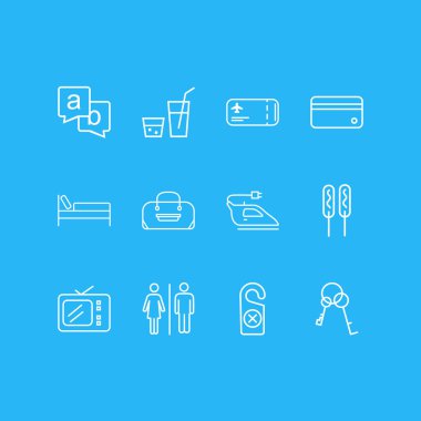12 tatil simgeler çizgi stili Illustration. Tv, demir, içki ve diğer simge öğeleri düzenlenebilir kümesi.