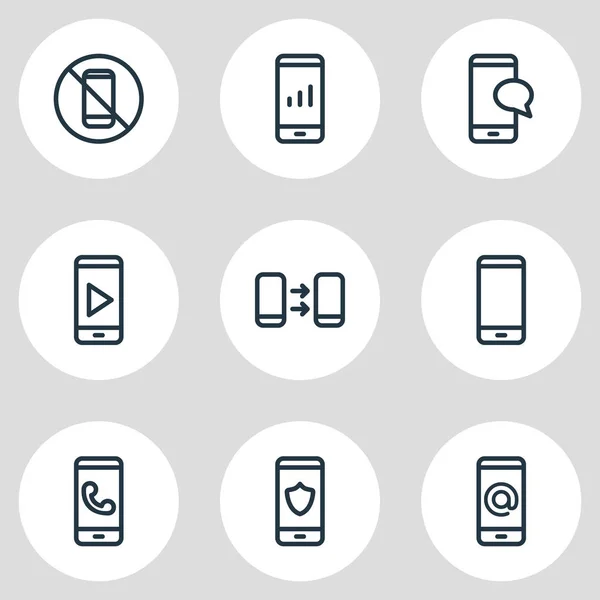 Ilustración de 9 iconos de teléfono estilo de línea. Conjunto editable de anillo, chat, protección y otros elementos del icono . — Foto de Stock