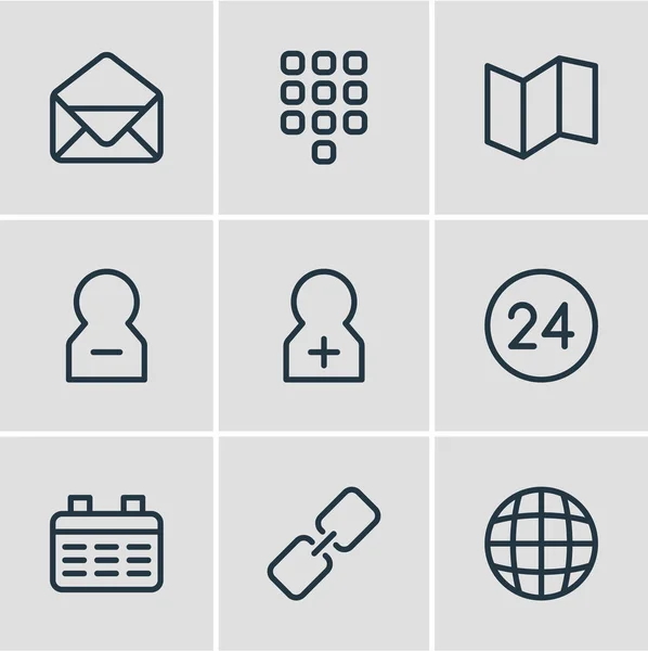Ilustración de 9 conectar iconos estilo de línea. Conjunto editable de globo, mapa, sobre y otros elementos del icono . — Foto de Stock