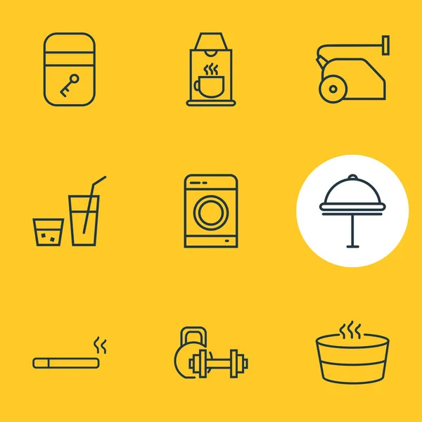 illustration of 9 hotel icons line style. Editable set of coffee machine, drink, washing machine and other icon elements.