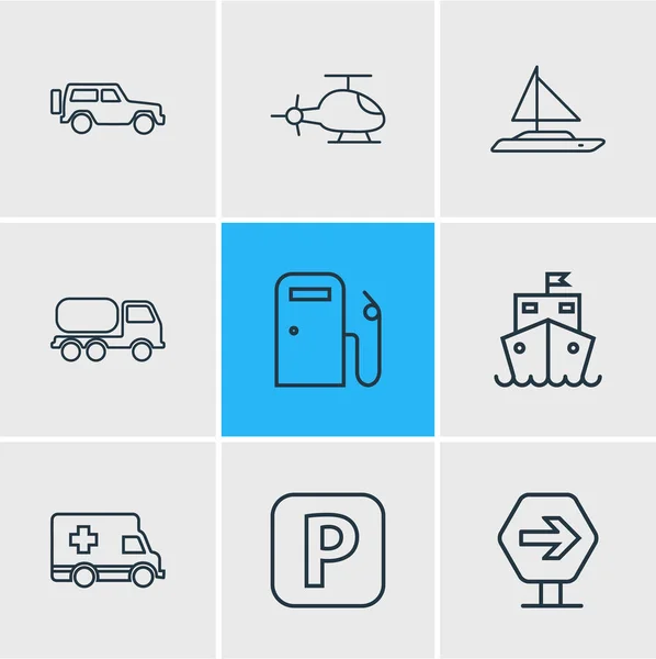 Ábra 9 közlekedési ikonok vonalstílus. Szerkeszthető sor útjelzési, mentő, tank teherautó és más ikon elemek. — Stock Fotó