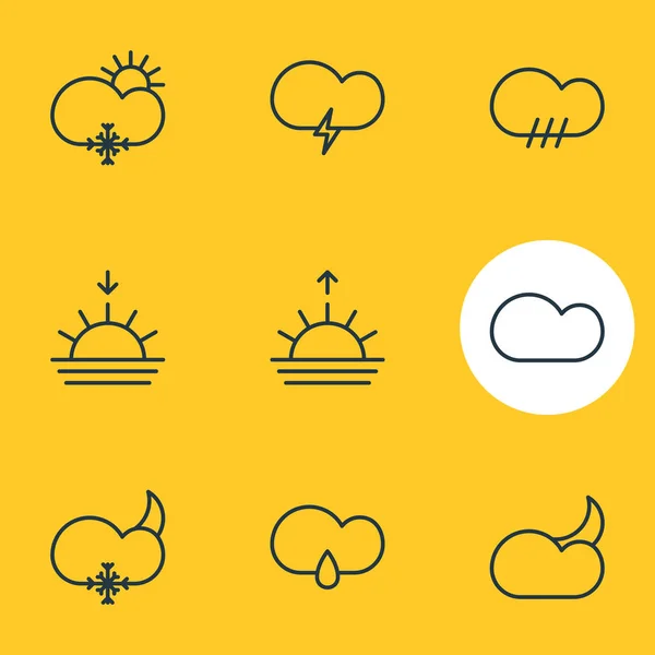 illustration of 9 atmosphere icons line style. Editable set of cloud, sunrise, sunset and other icon elements.