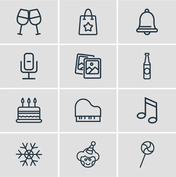 Ilustración de 12 iconos de eventos estilo de línea. Conjunto editable de bolsa de regalo, pastel, copo de nieve y otros elementos del icono . —  Fotos de Stock