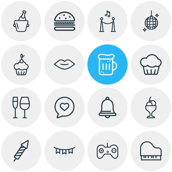 Illustration of 16 celebration icons line style. Editable set of paper garland, beer mug, game controller icon elements. — Stock Photo, Image