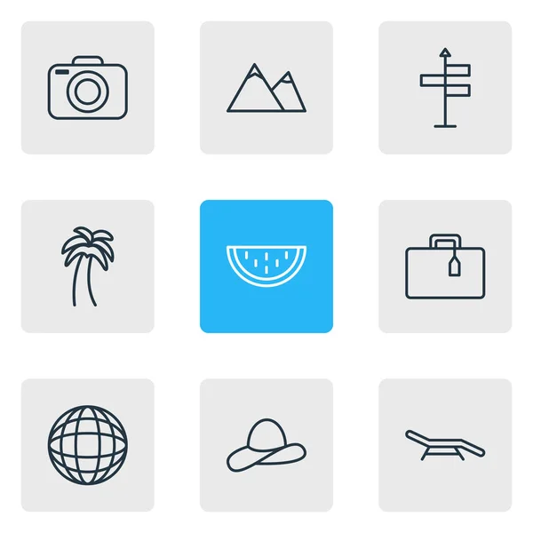 Illustration of 9 summer icons line style. Editable set of globe, hat, watermelon and other icon elements. — Stock Photo, Image