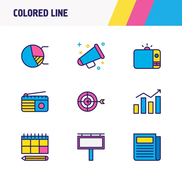 Иллюстрация 9 рекламных иконок цветной линии. Набор таблиц с газетными, радио-, рекламными и иконными элементами . — стоковое фото