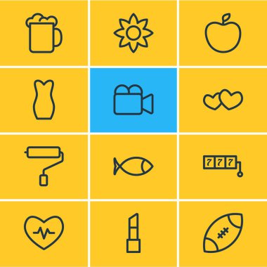 12 hobi simgeleri çizgi stili vektör Illustration. Gece elbisesi, çiçek, rugby ve diğer simge öğeleri düzenlenebilir kümesi.