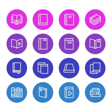16 eğitim simgeler çizgi stili vektör Illustration. Ders, dergi, sarmal kitap ve diğer simge öğeleri düzenlenebilir kümesi.